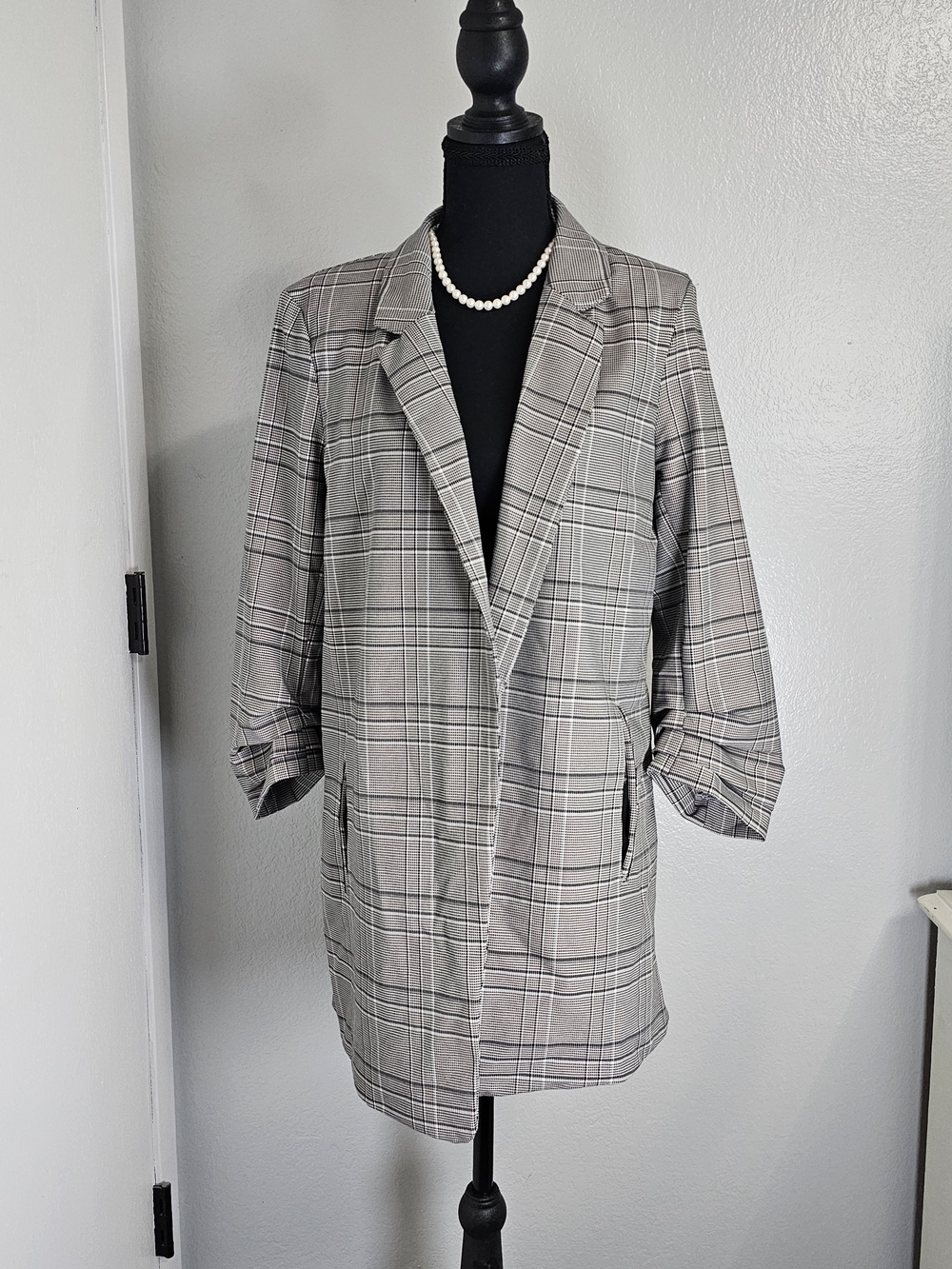 Rachel Zoe White Gray Black 3/4 Sleeves Plaid Longline Blazer Women's Size Large